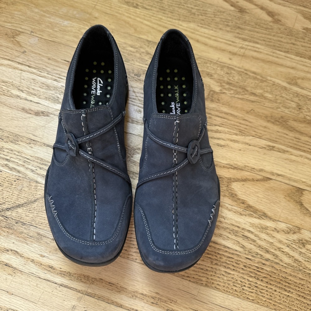 Clarks Wave Walk Womens Leather Shoes Size 9 Slip on Casual Walking Shoes Blue